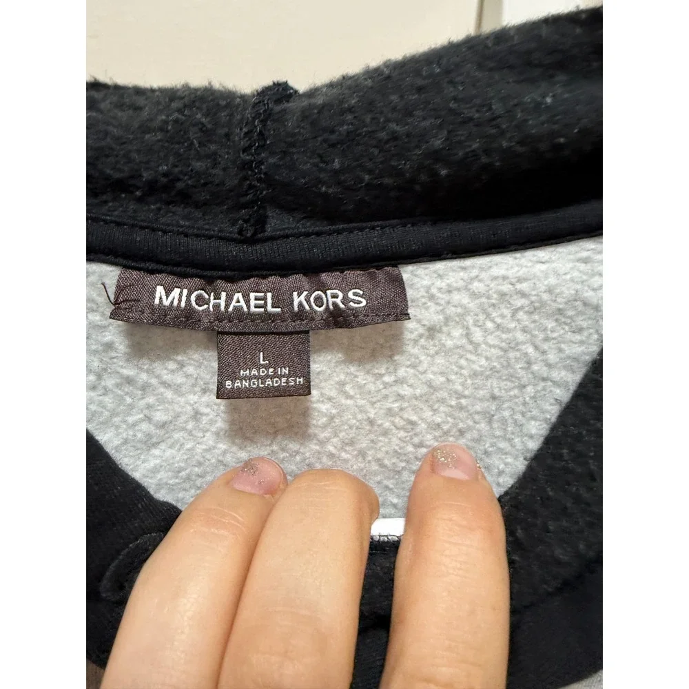 Michael Kors Womens Colorblock Hoodie Black Gray MK Logo Sleeve Sweatshirt L